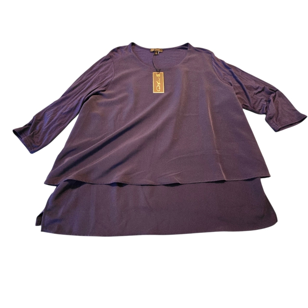 NWT DG2 By Diane Gilman Blue Layered 3/4 Sleeve Blouse Top Size 1X D27